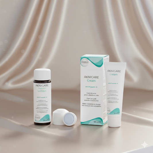 Aknicare medical and cosmetic acne treatment products including a bottle, box, and tube on a beige background