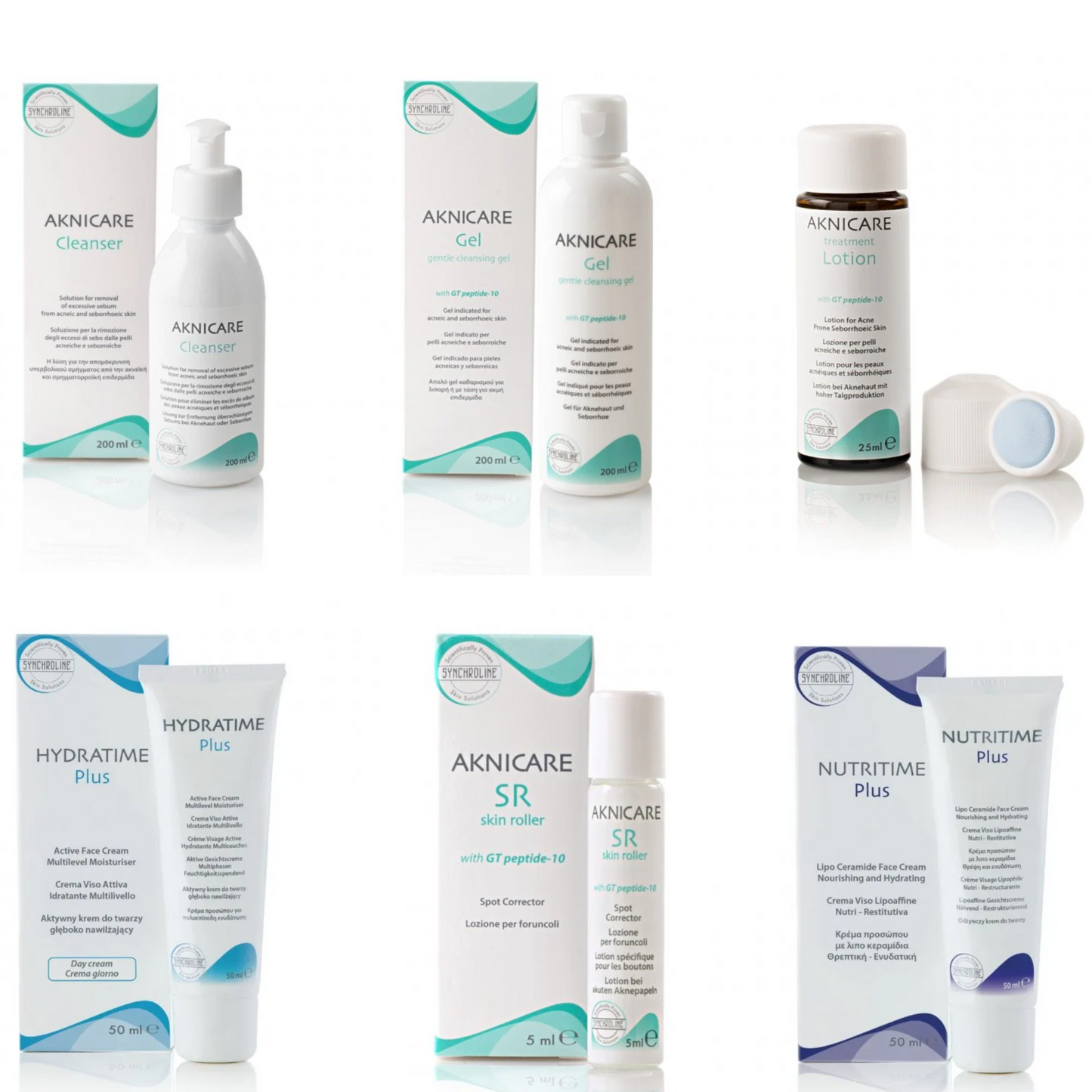 Aknicare skincare treatment products including bottles and boxes on a white background
