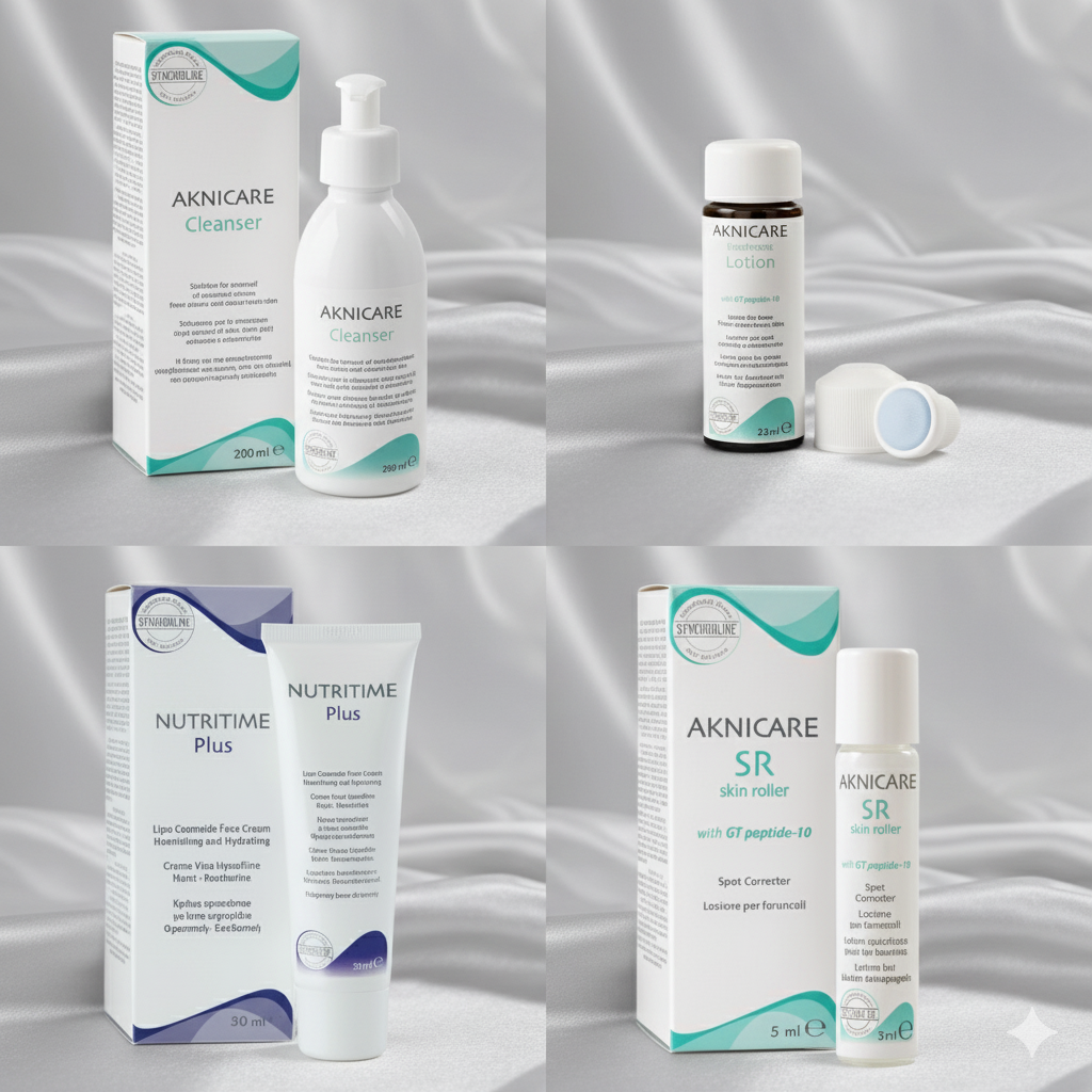 Aknicare skincare treatment products including bottles and boxes on a gray background
