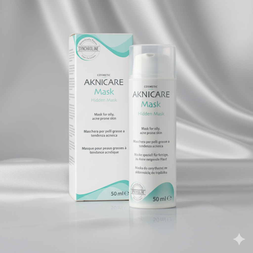 Aknicare Mask acne skincare treatment packaging and bottle on a gray background