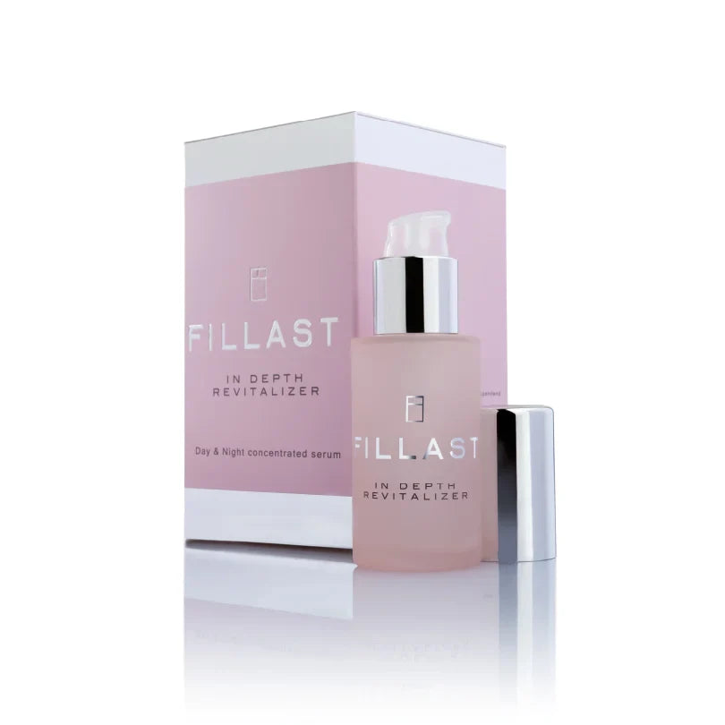 A product image featuring a bottle of FILLAST rejuvenating effective wrinkle treatment serum with its packaging box, which is pink and white in color.
