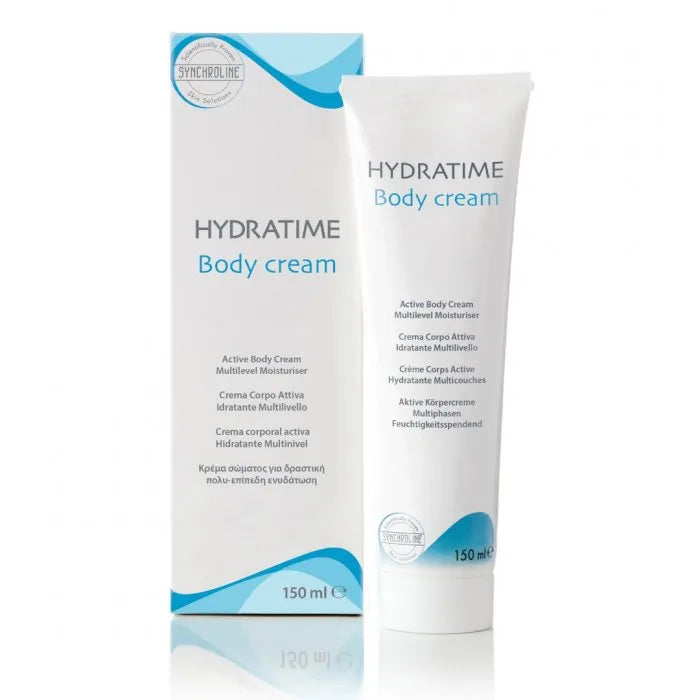 HYDRATIME Body Cream Best Skin Hydration packaging and tube. The packaging is predominantly white with blue text and accents, describing the product as an active body cream with urea, lactic acid, and ceramides.