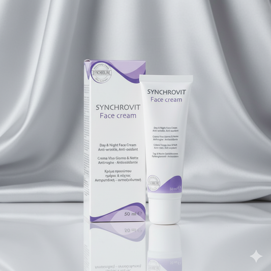 Synchrovit younger looking smooth skin  face cream box and tube with a grey silk material background