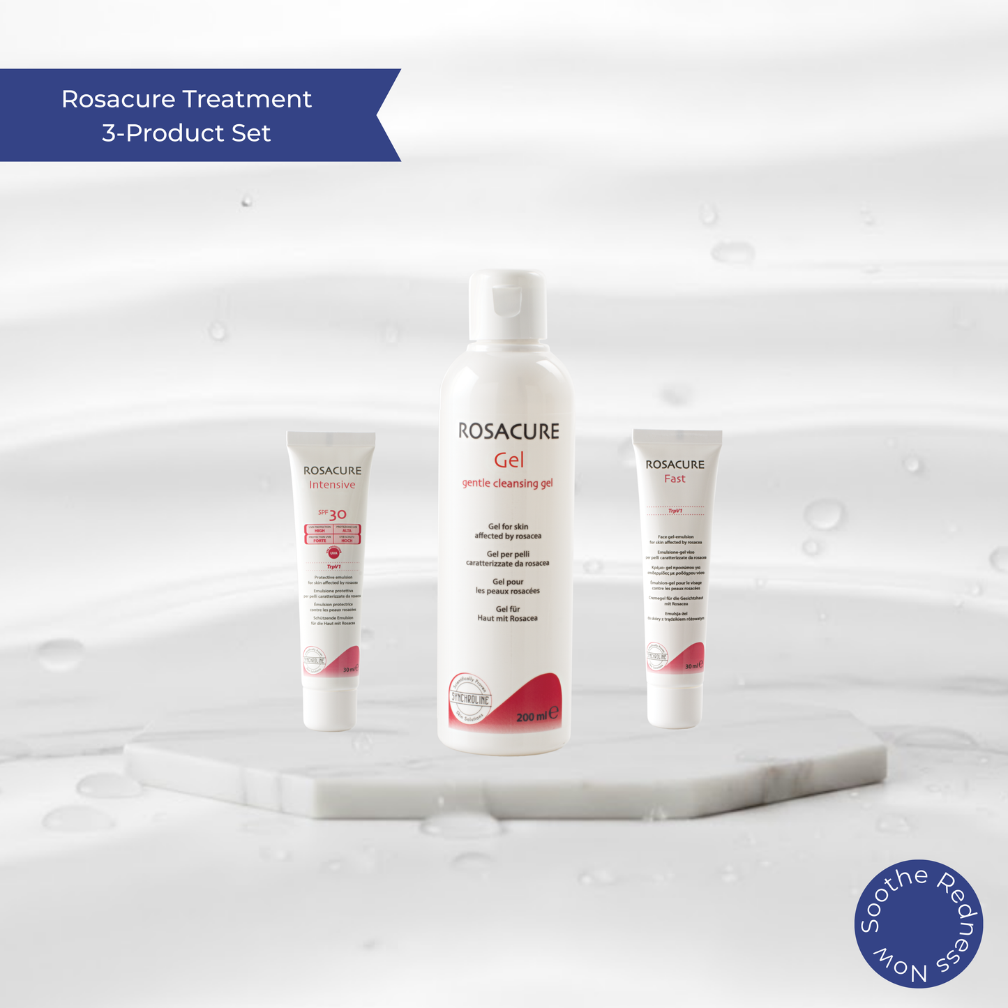 Rosacure treatment to Soothe Protect and Manage Rosacea 3-product set on a white background