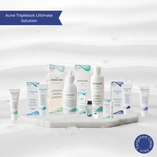 Aknicare skincare products on a white surface with a light gray background