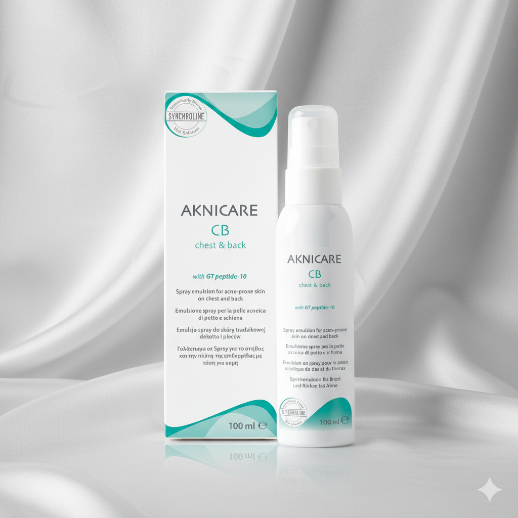 Aknicare Back and Chest Acne spray bottle and packaging on a gray background