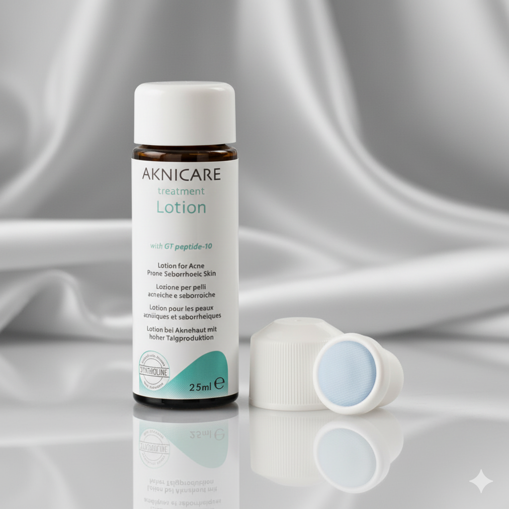 Aknicare acne skincare treatment lotion bottle on a reflective gray surface