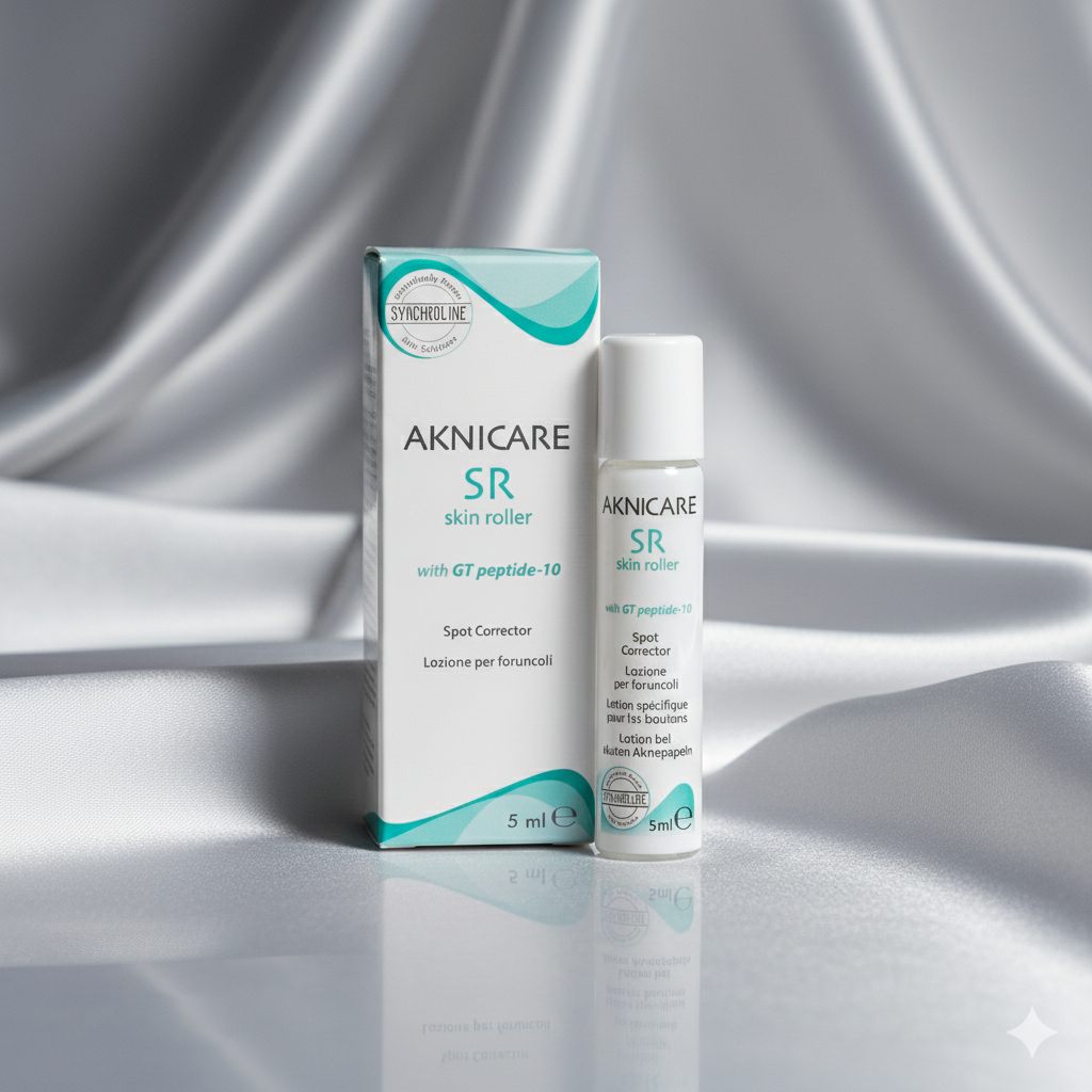 Aknicare SR skin roller skincare treatment for acne packaging and bottle on a reflective surface with a gray background