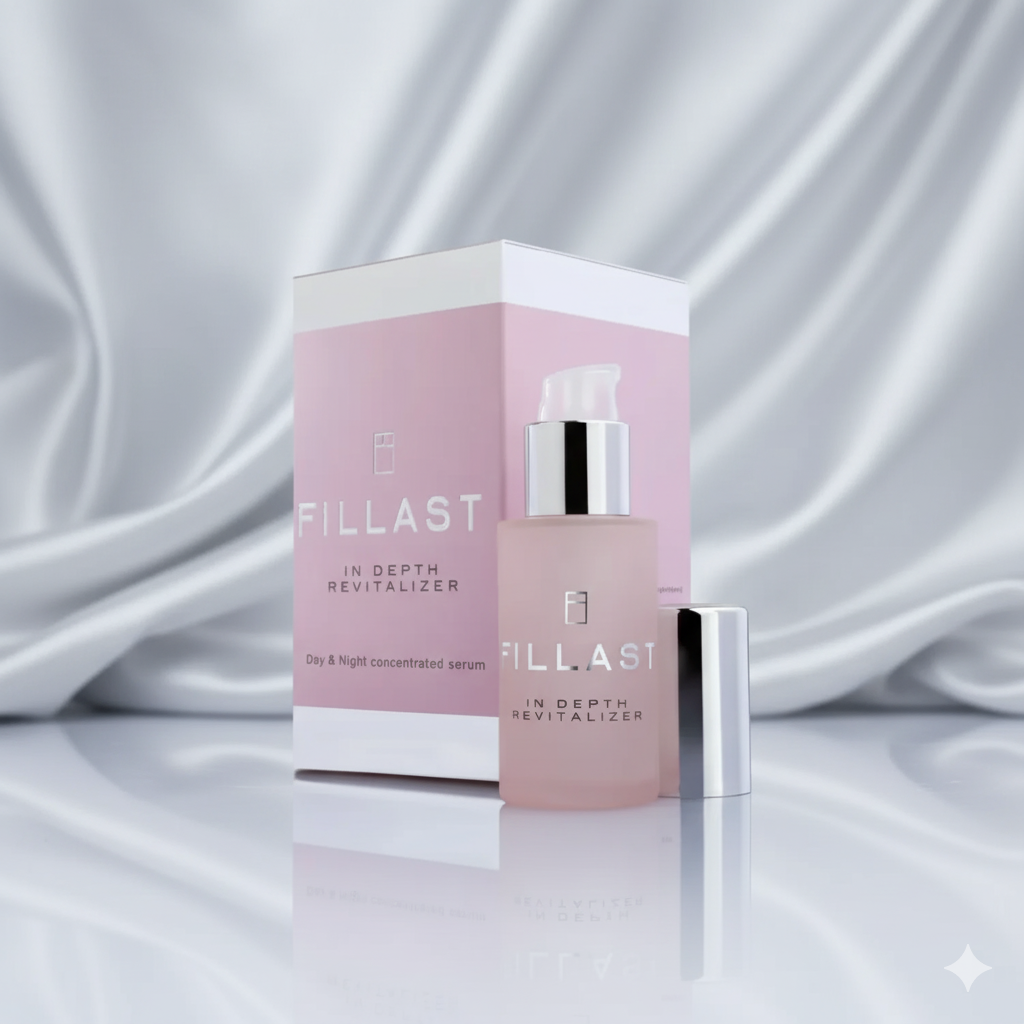 Fillast skincare serum effective wrinkle treatment and packaging on a satin background