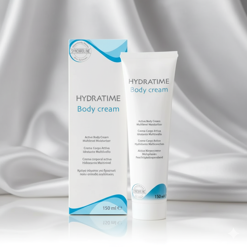 Hydratime body cream Best Skin Hydration packaging and tube on a gray fabric background