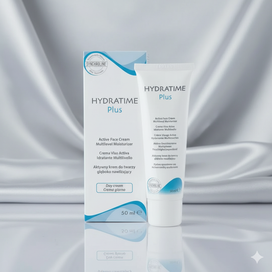 Hydratime Plus Dry Skin Moisture Treatment cream tube and packaging on a gray fabric background