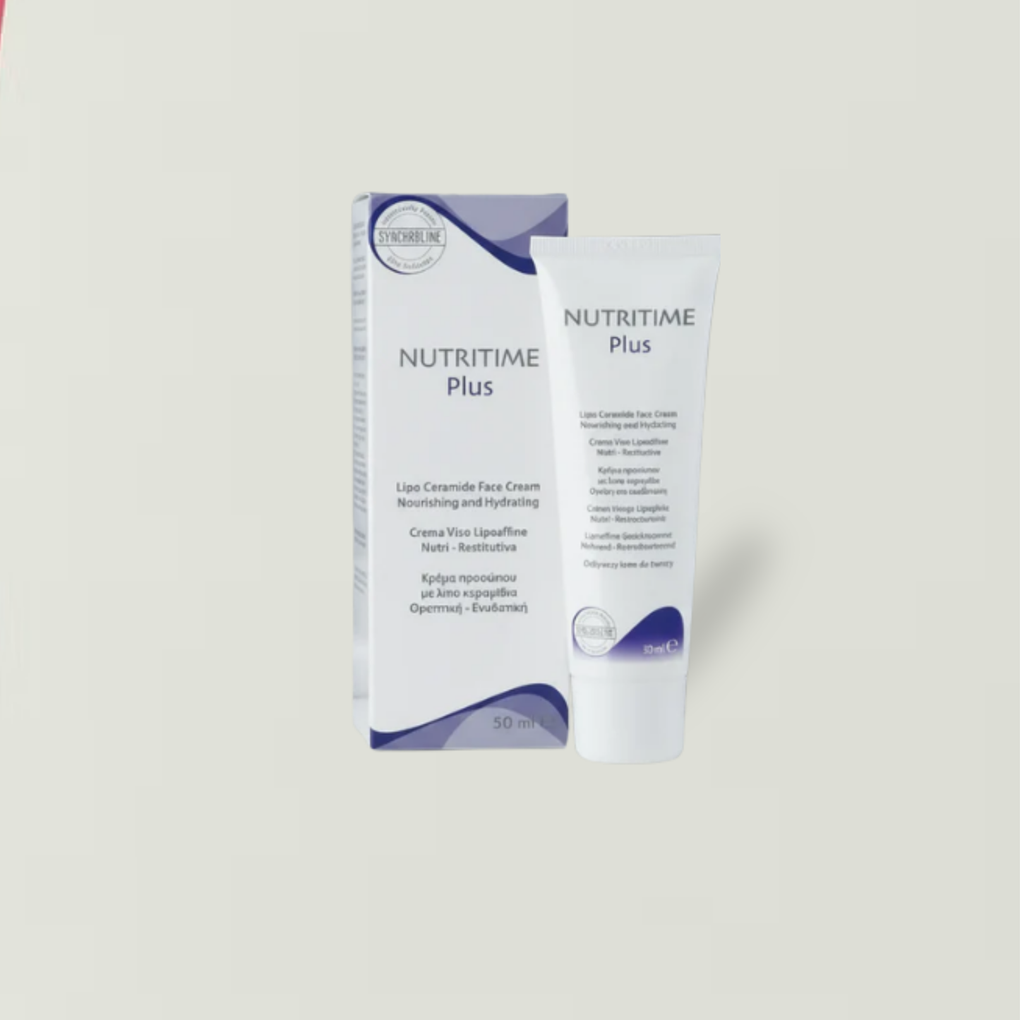 Nutritime Plus tube and packaging on a light gray background - Ultimate Treatment for Rosacea
