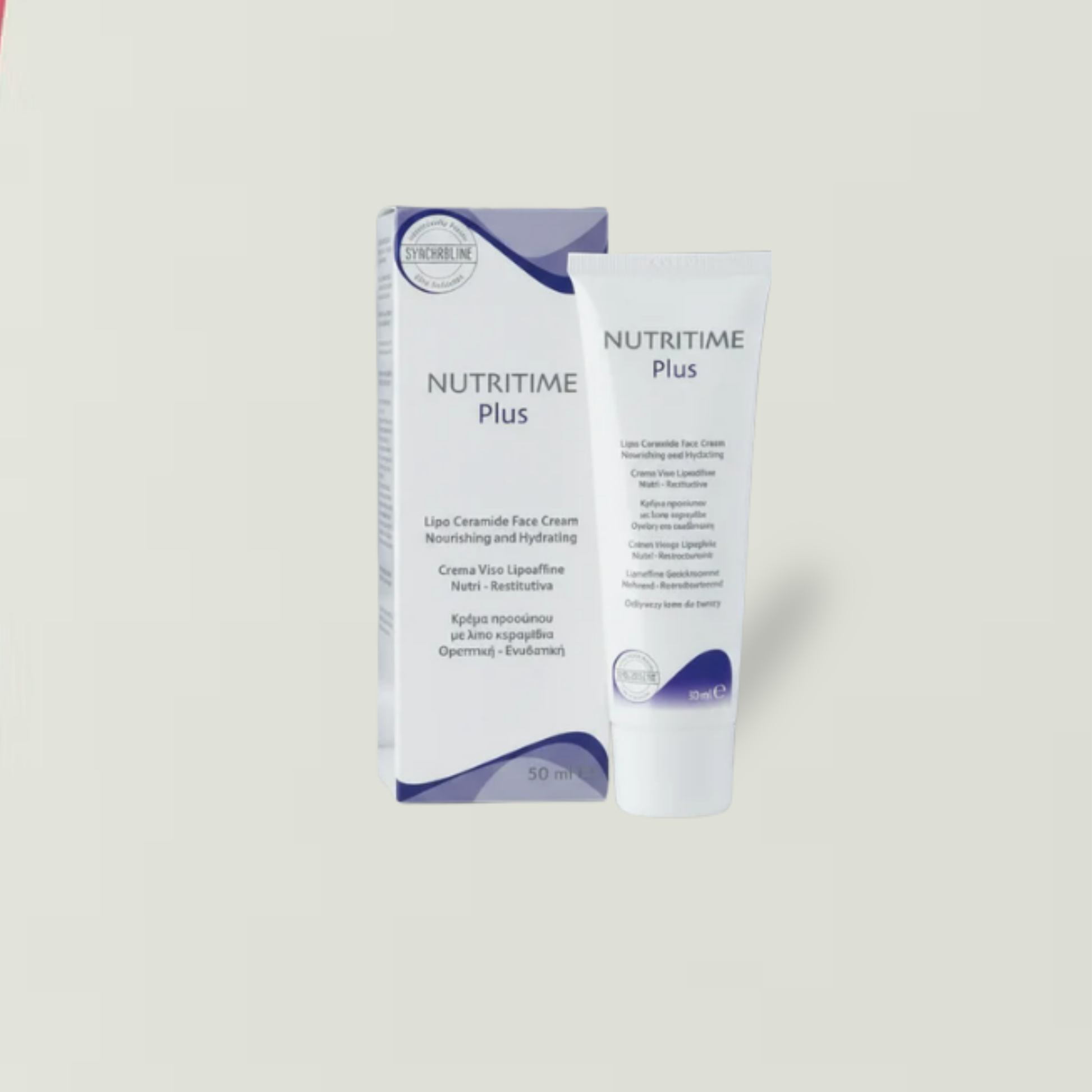 Nutritime Plus tube and packaging on a light gray background - Ultimate Treatment for Rosacea