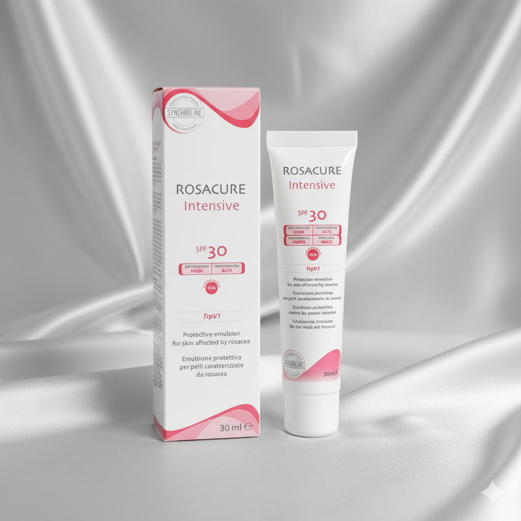 Rosacure Intensive SPF 30 skincare product packaging for redness prone skin on a gray background