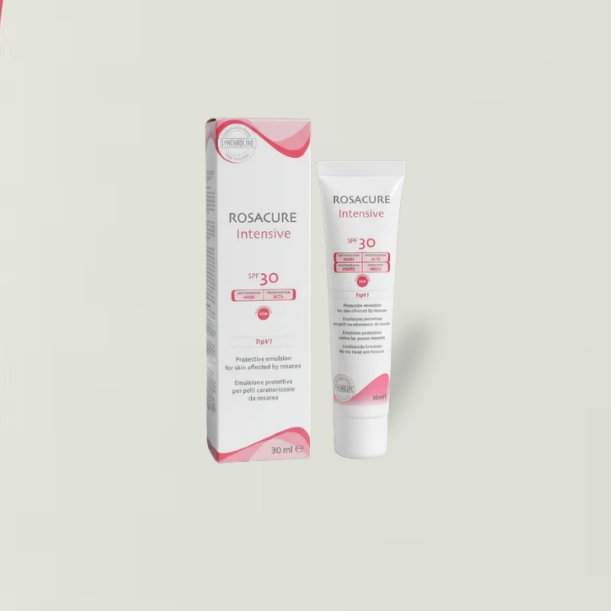 Rosacure Intensive sunscreen tube and packaging on a light gray background - Ultimate Treatment for Rosacea
