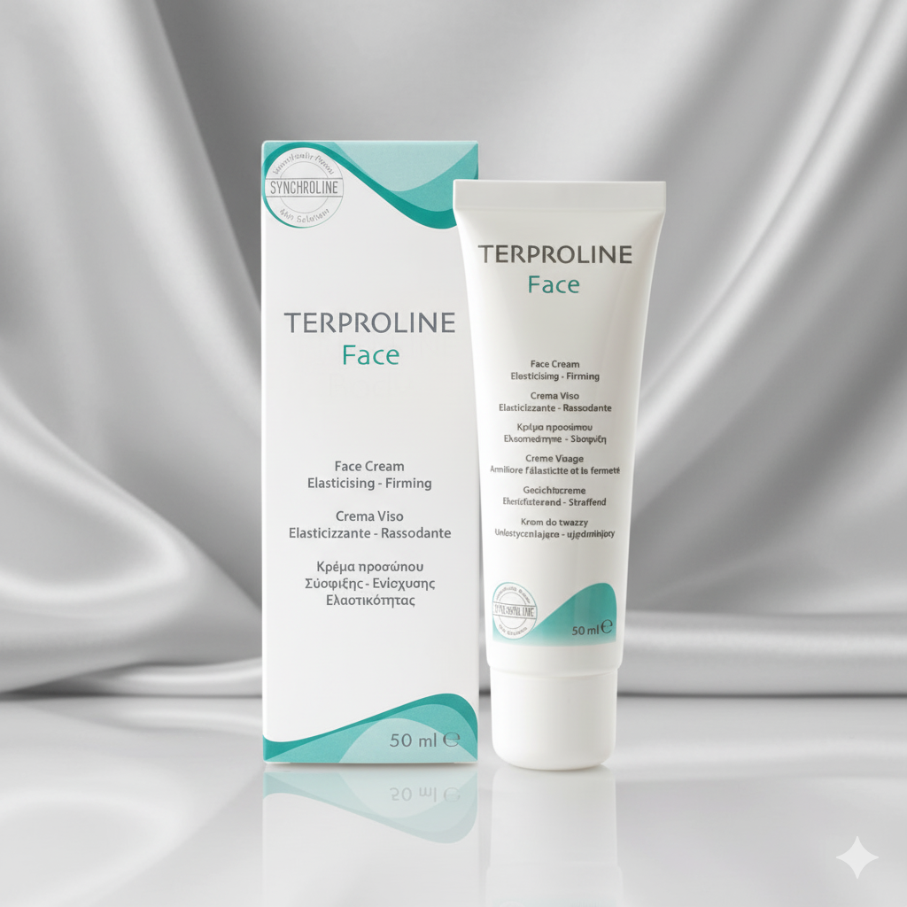 A daily skincare face cream box and tube with a light grey silk material background